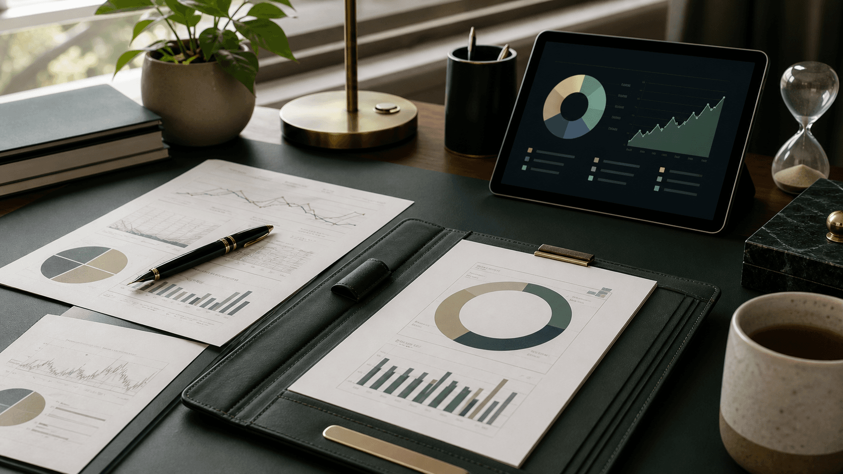 Premium investment planning workspace with portfolio allocation charts