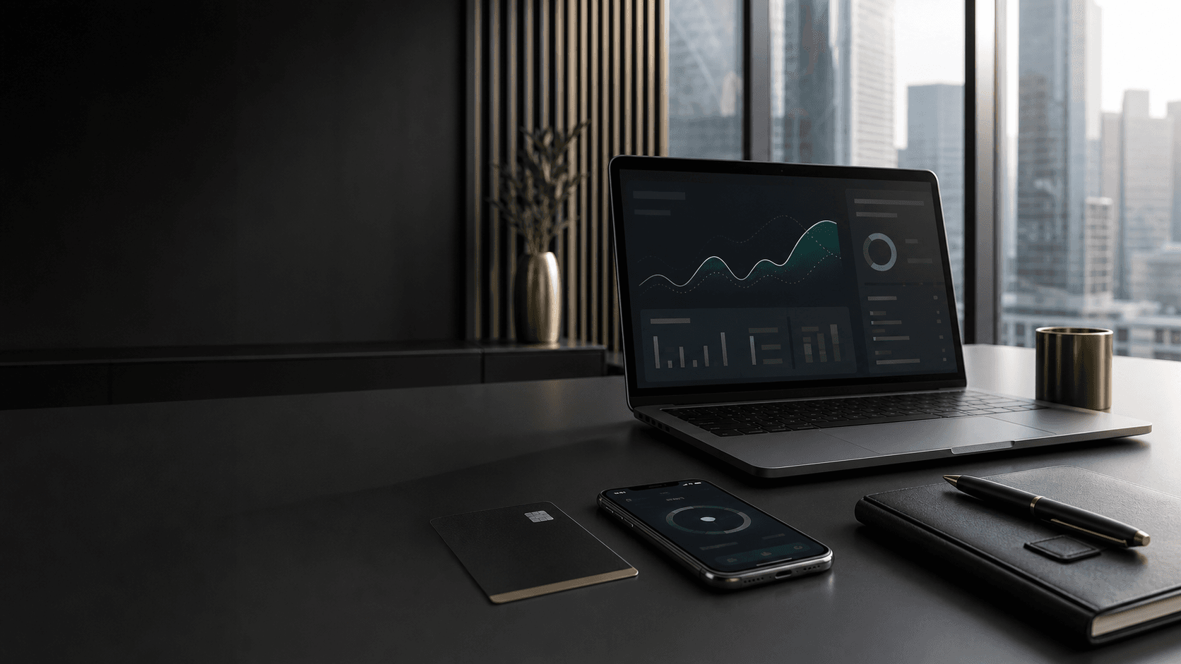 Premium digital banking workspace with dashboard, card, and mobile device